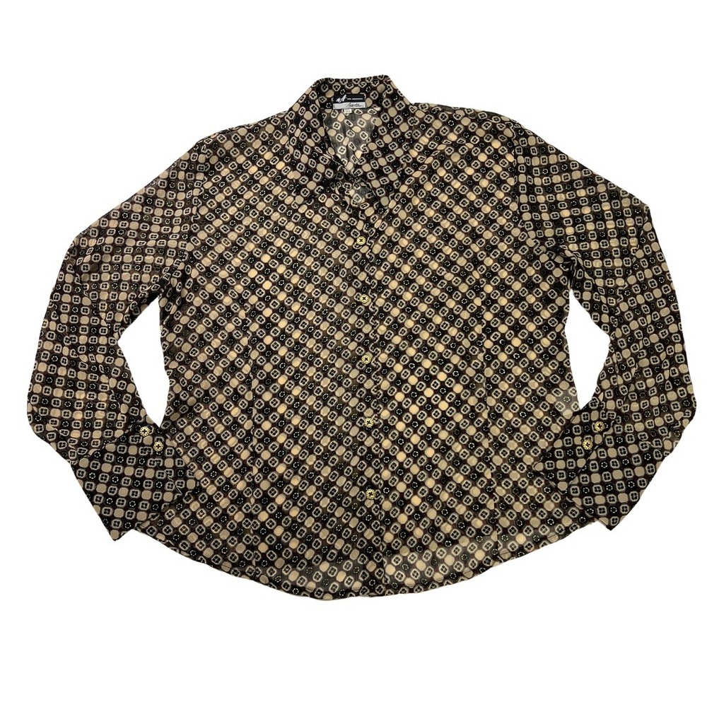Vintage Sheer Geometric Button Up Blouse Gold Metallic Accents Made in Portugal
